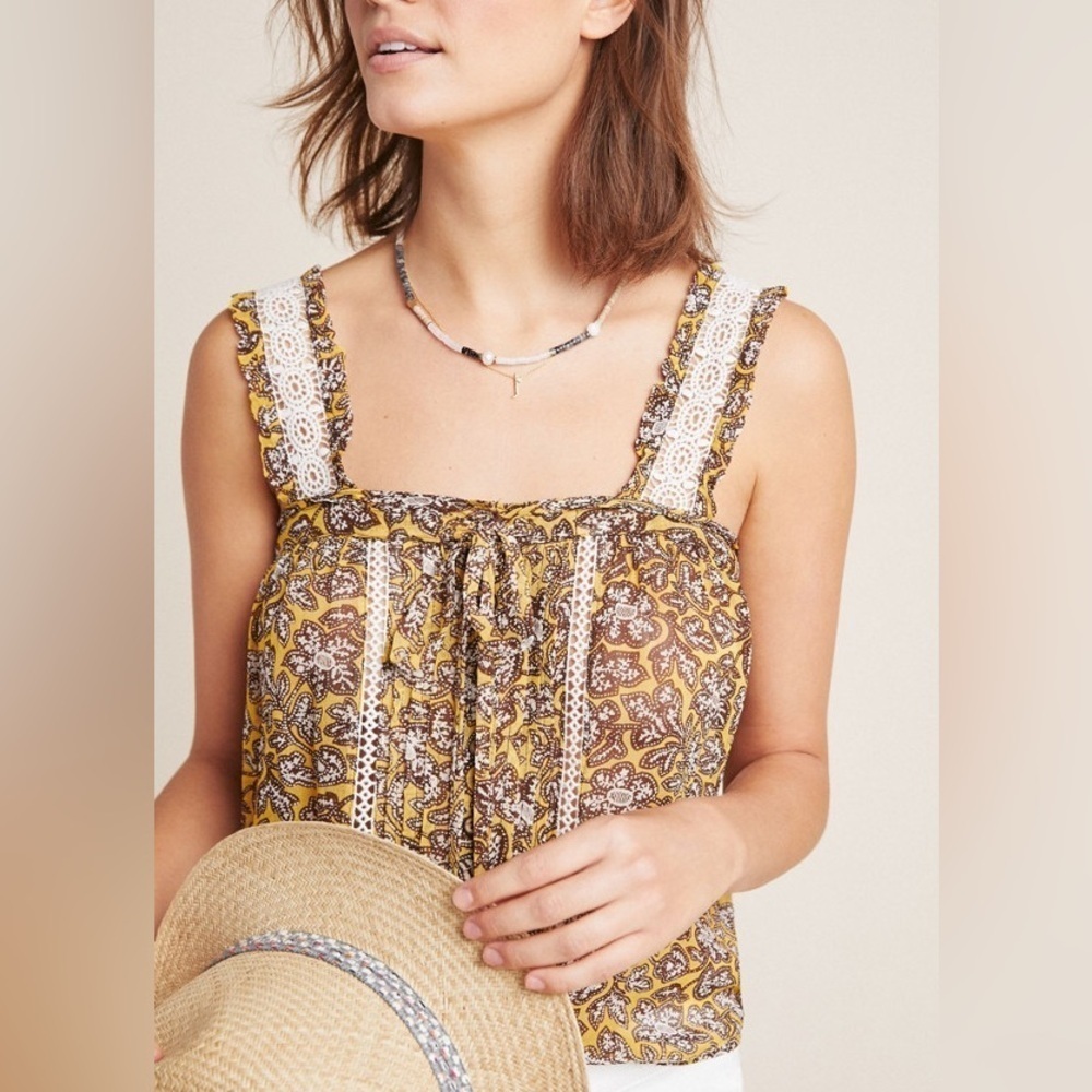 Anthropologie Yellow Bardot Crochet sheer Blouse Boho Size 10 bohemian